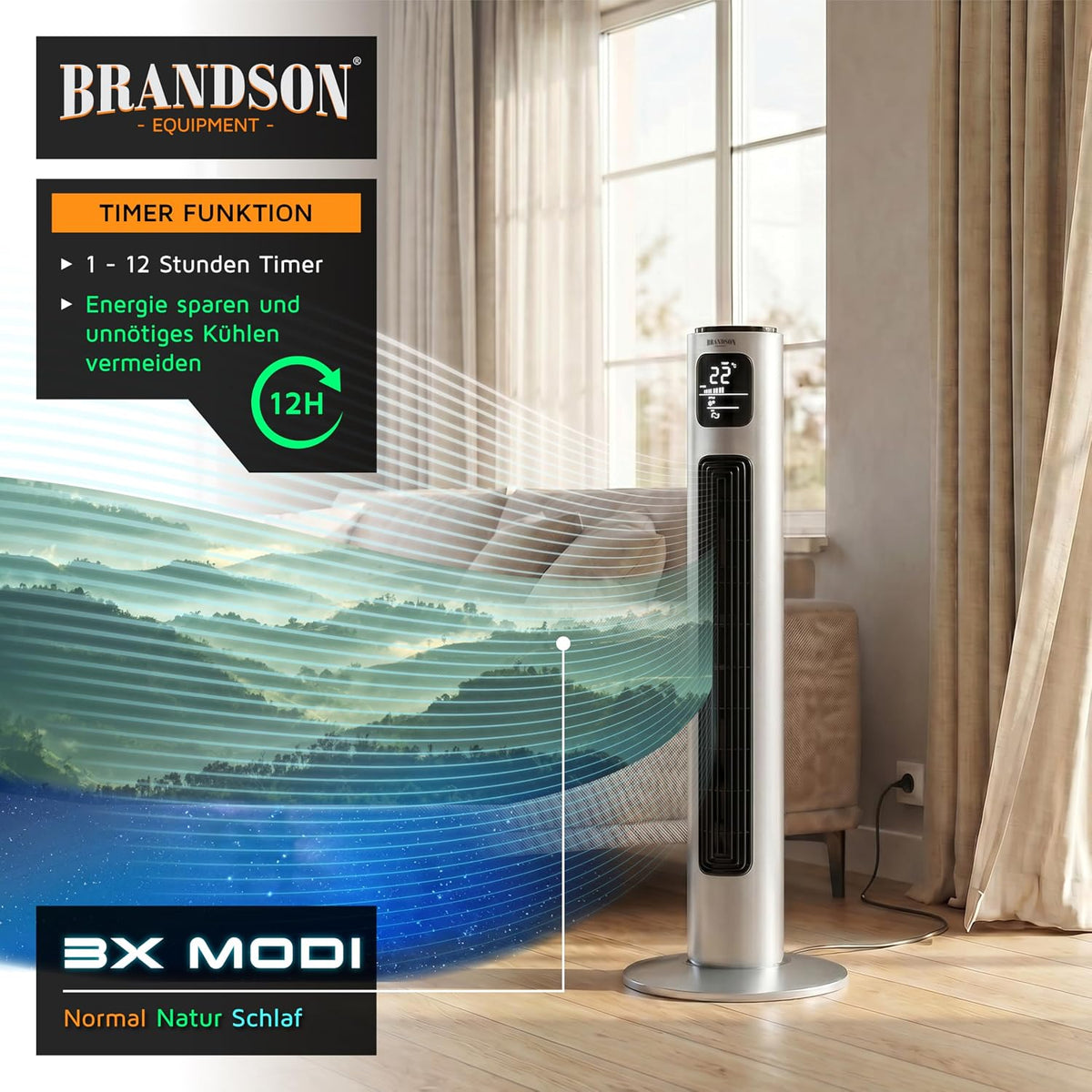 Brandson - Turmventilator mit Fernbedienung 96 cm - Preisträger 2026 - mobiler Lüfter leise - Standventilator Oszilation - 3 Geschwindigkeiten 3 Modi Timer - Ventilator mit GS - Steelsilver