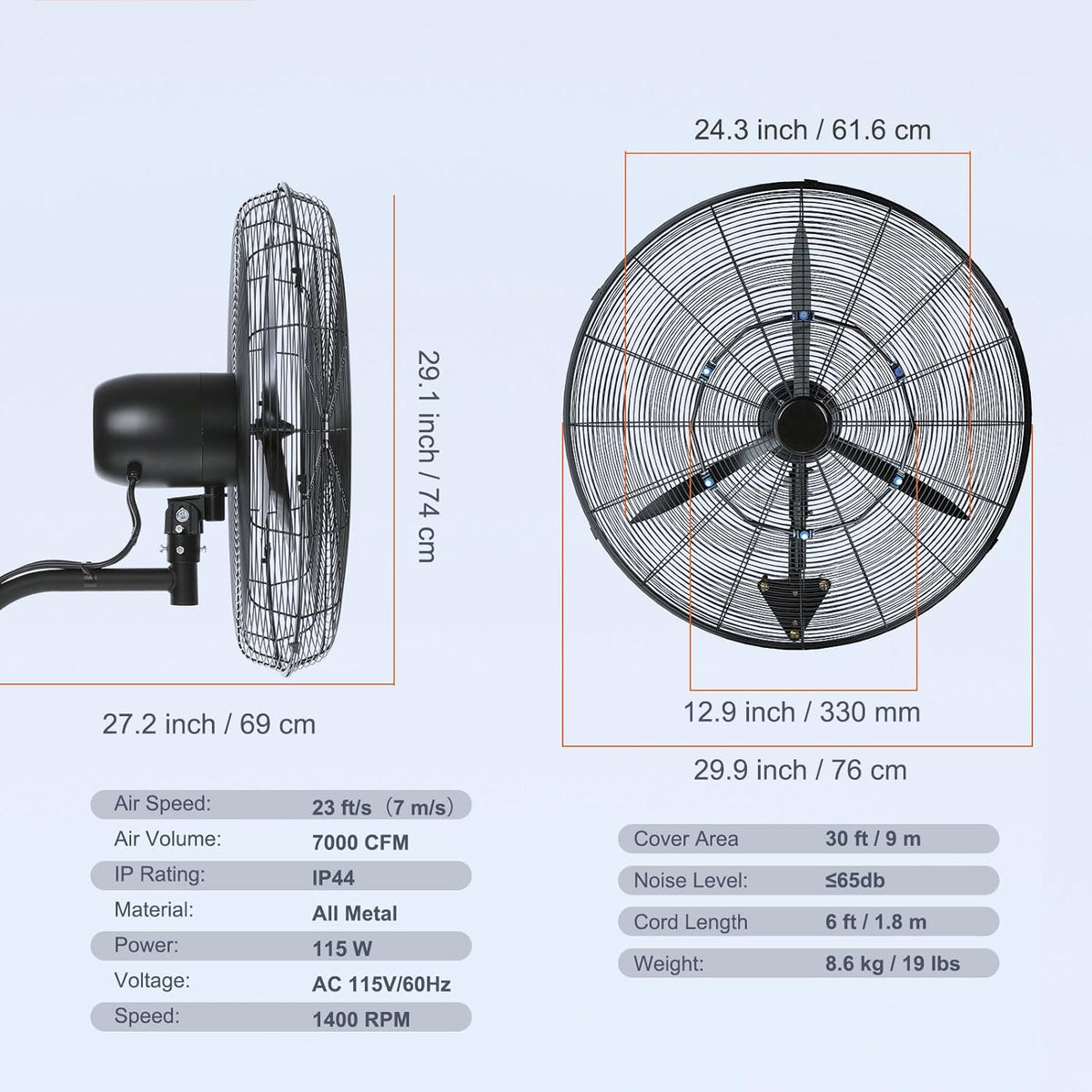 VEVOR Nebelventilator, 61,6 cm oszillierender, wasserdichter Ventilator, 3 Geschwindigkeiten, 7000 CFM, gewerblicher oder privater Ventilator zur Kühlung von Lagerhäusern, Gewächshäusern, Werkstätten