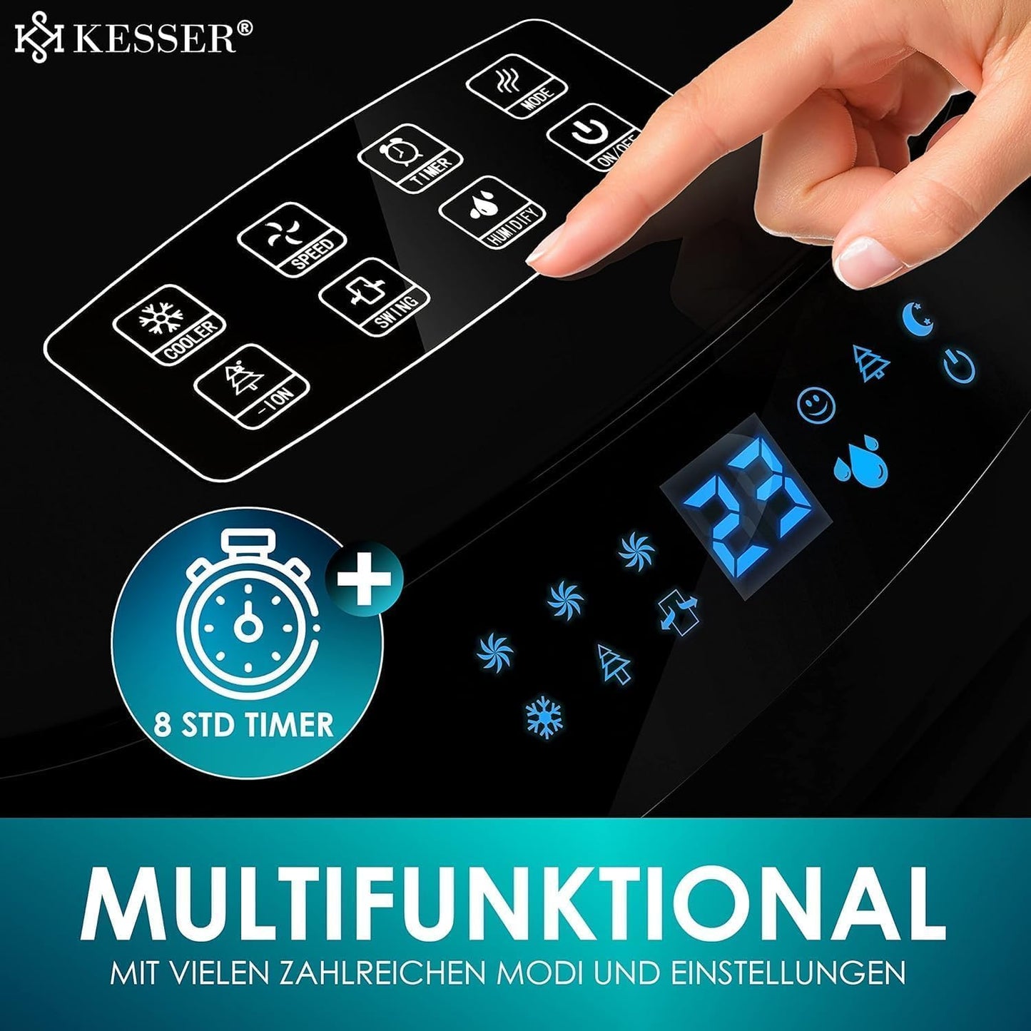 KESSER® Mobile Klimaanlage 4in1 Luftkühler – Air Cooler mit Fernbedienung & Timer, 10L Wassertank, Ionisator & Luftbefeuchter, Ventilator Klimagerät ohne Abluftschlauch, 3 Stufen inkl. Kühlakkus