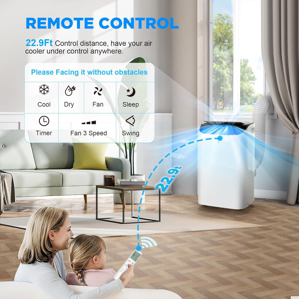 Mobiles Klimagerät 14000 BTU mit Fernbedienung, 3-in-1 AC-Einheit mit Ventilator und Luftentfeuchter, kühlt den Raum bis zu 200 m², Modus