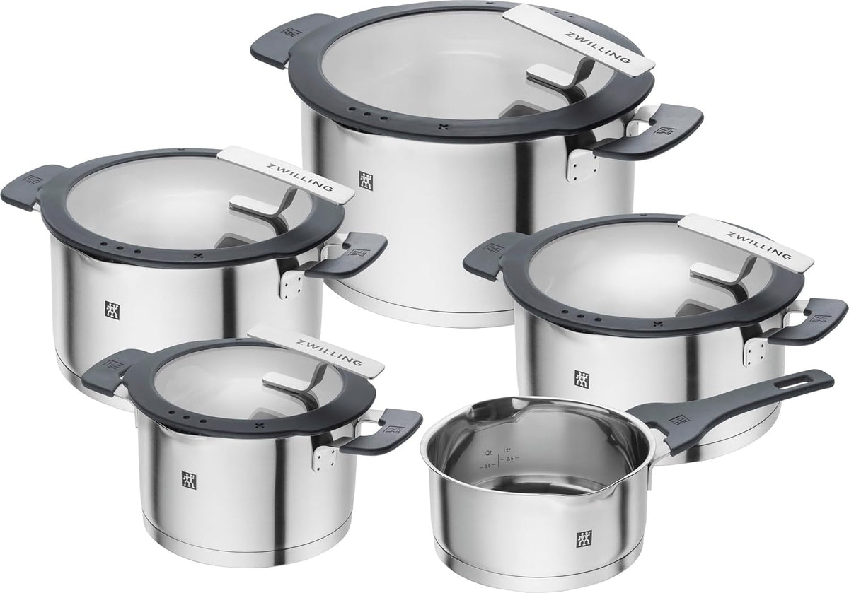 ZWILLING Simplify Kochtopf-Set 5-teilig, Mit Ausgießfunktion, Stay-Cool-Griffe, Induktionsgeeignet, Edelstahl, Silber