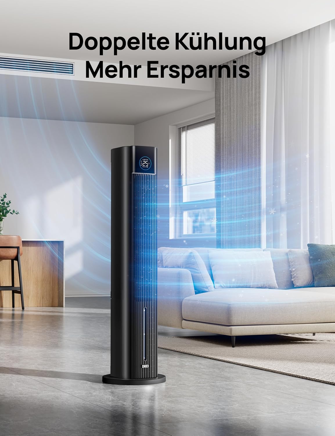 DREO Turmventilator mit Wasserkühlung, 110 cm Luftkühler mit Wasserkühlung Leise, 4-Geschwindigkeiten-4-Modi Verdunstungskühler, APP-Steuerung, Eisbeutel, 80° Oszillation, 12-Std. Timer, Schwarz