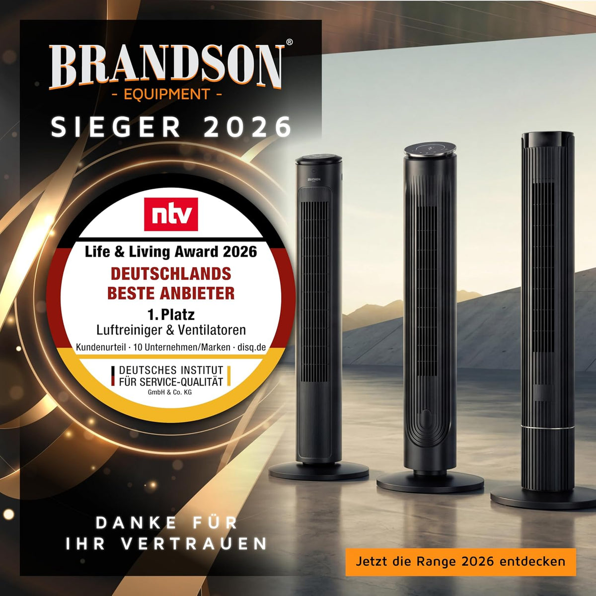 Brandson - Turmventilator – sehr leise - Schlaf Modus – Sieger Ventilatoren und Luftkühler 2026-12 Geschwindigkeitsstufen – Oszillation – mit Fernbedienung - Schwarz