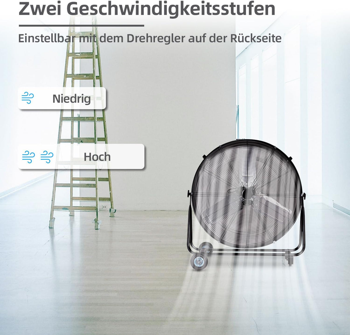 Be Cool Industrie-Windmaschine 75cm BCIWM75CM – Fahrbarer Trommelventilator, Ø 75 cm (30"), 300 Watt, Vollkupfermotor, 2 Geschwindigkeiten, Aluminium-Rotorblätter, Spinnennetz-Schutzgitter, schwarz