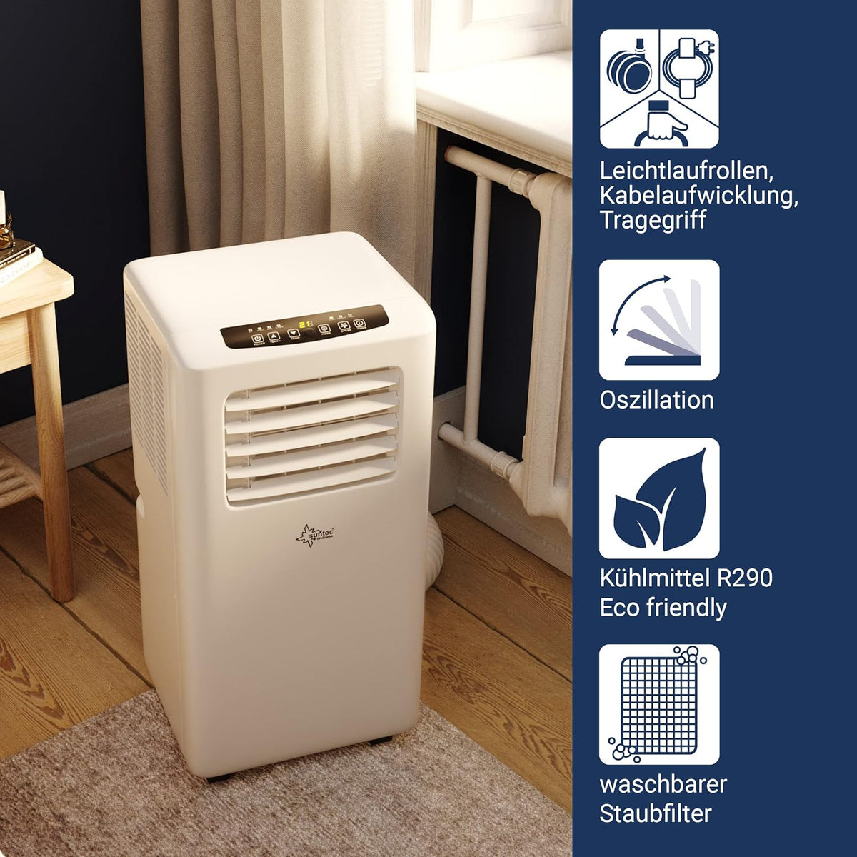 SUNTEC Mobiles Klimagerät Impuls 2.6 Eco R290 – Klimaanlage mobil und leise mit Abluftschlauch – Kühler & Entfeuchter für Räume bis 34 qm – Mobile Kühlung für Wohnung & Büro – 9.000 BTU | 2600 Watt