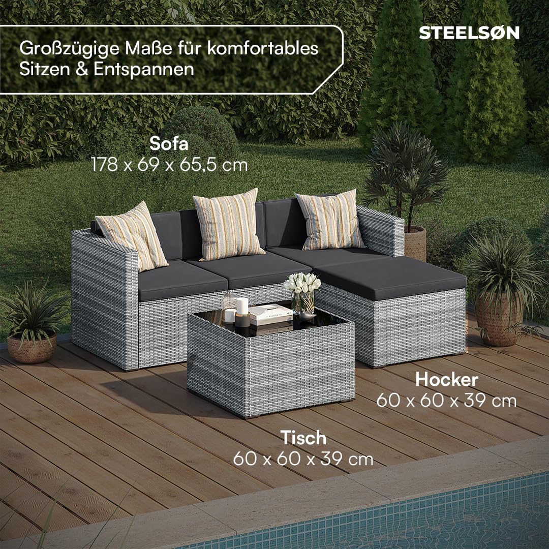 STEELSØN Zethora Rattan Gartenmöbel Set 3-TLG. – Outdoor Sitzgruppe für Garten/Terrasse/Balkon – Gartenlounge mit 3er-Sofa, Hocker & Tisch – Sitzgarnitur Set grau/anthrazit für 4 Personen