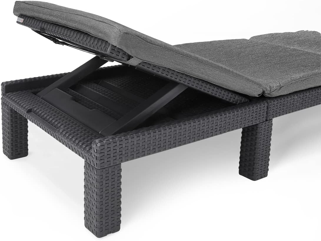Allibert by Keter Daytona Deluxe Sonnenliege für Garten, Terrasse & Balkon mit verstellbarem Kopfteil, grau, inkl. Auflage, Gartenliege aus Kunststoff, flache Rattanoptik, 195x65x25,5 cm