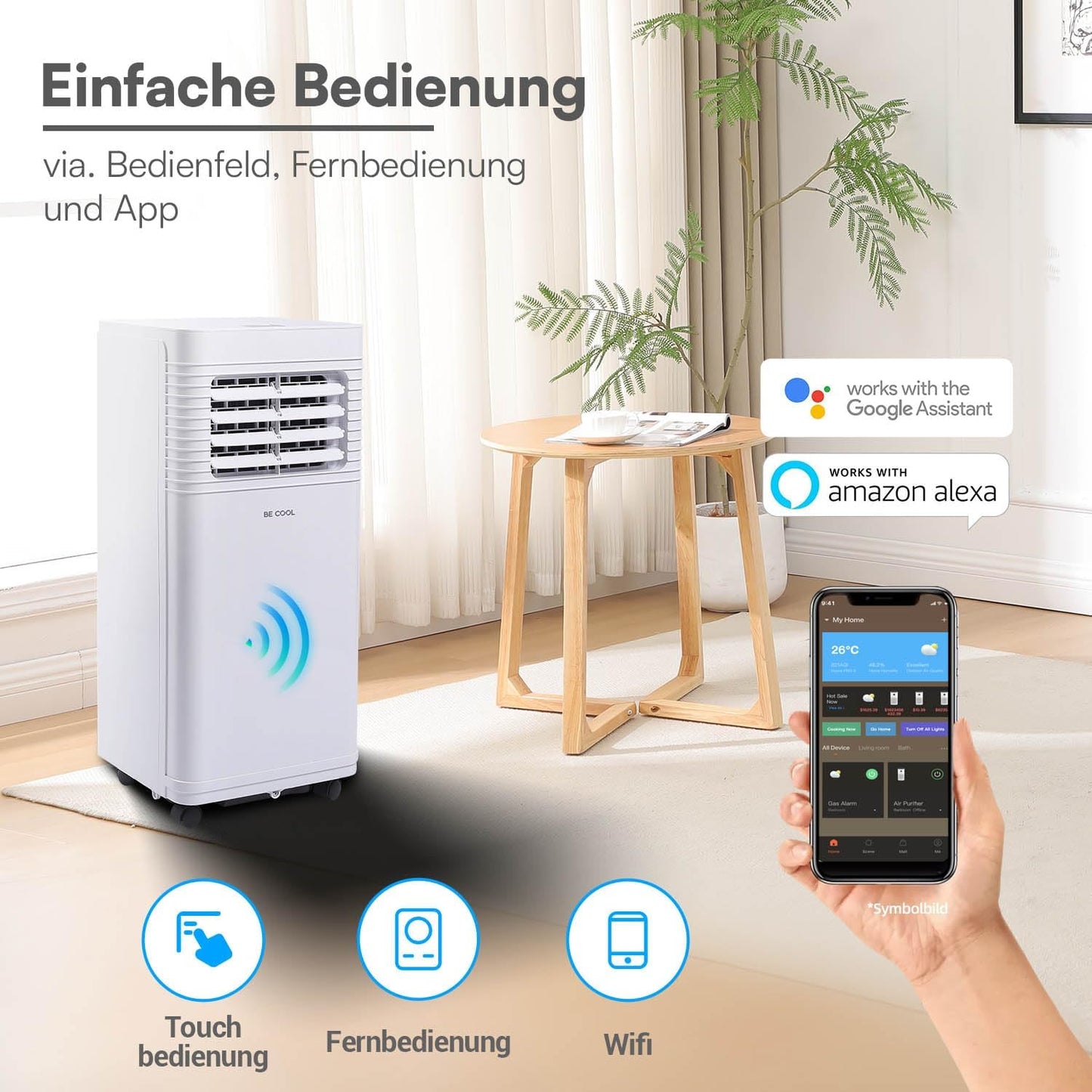 BE COOL Mobiles Klimagerät 7000 BTU mit WLAN, 3in1 Klimaanlage zum Kühlen, Entfeuchten & Lüften, für Räume bis 24 m², Fernbedienung, Timer, Schlafmodus, Energieklasse A, Weiß