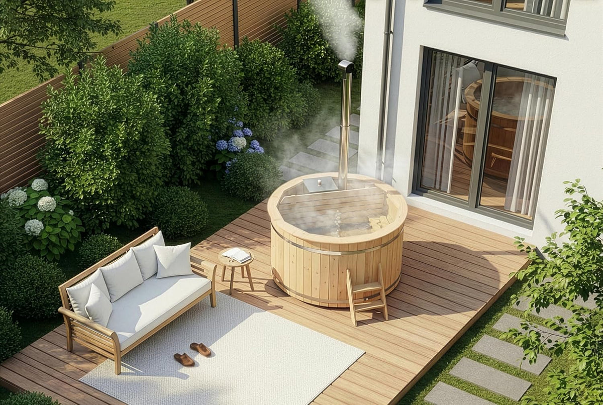 Holz Badefass Bergen, Hot Tub Ø 160 x 110 cm, inkl. Edelstahl-Ofen 22 kW und Einstiegsleiter, 3-4 Personen, Schwimmbecken, Badebottich, Sprudelbad