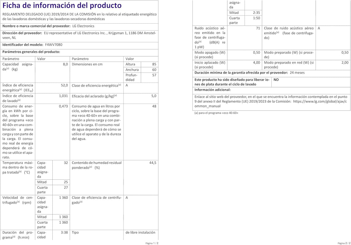 LG F4WV7080, Klasse A, Frontlader-Waschmaschine 8 kg, 1400 U/Min, AI Direct Drive, Wi-Fi, Tiefenreinigung mit Dampf, Groe Kapazitt, TRIPLE A, Auentür aus Sicherheitsglas, 62 x 60 x 85 cm Wei