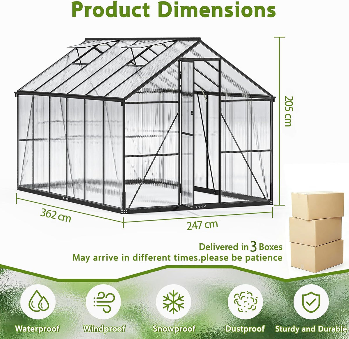 Gewächshaus Aluminium für den Garten, 362x247x205cm Gewächshaus Aluminium mit Fundament, Verstellbare Dachentlüftung, Vielseitig nutzbar als Winterfest Aufzucht Pflanzenhaus und Pflanzenhaus