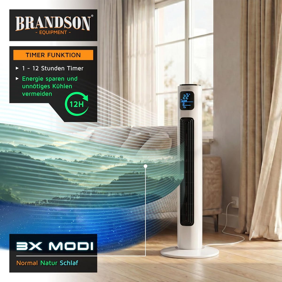 Brandson - Turmventilator mit Fernbedienung 96 cm - Preisträger 2026 - mobiler Lüfter leise - Standventilator mit Oszilation - 3 Geschwindigkeiten 3 Modi - Timer - Ventilator - GS - Perlweiß