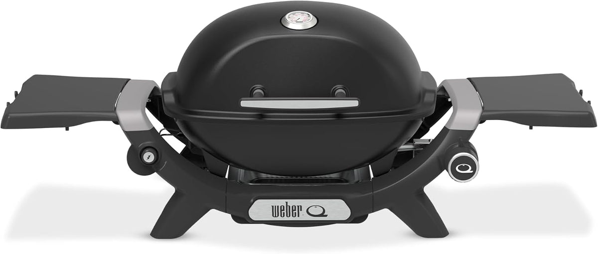 Weber Q 1200N Gasgrill mit Seitentischen/leichter Grill für Camping, Terrassen & Balkone mit Hochleistungsbrenner, porzellanemaillierten Gussrosten & elektronischer Zündung, Mitternachtsschwarz