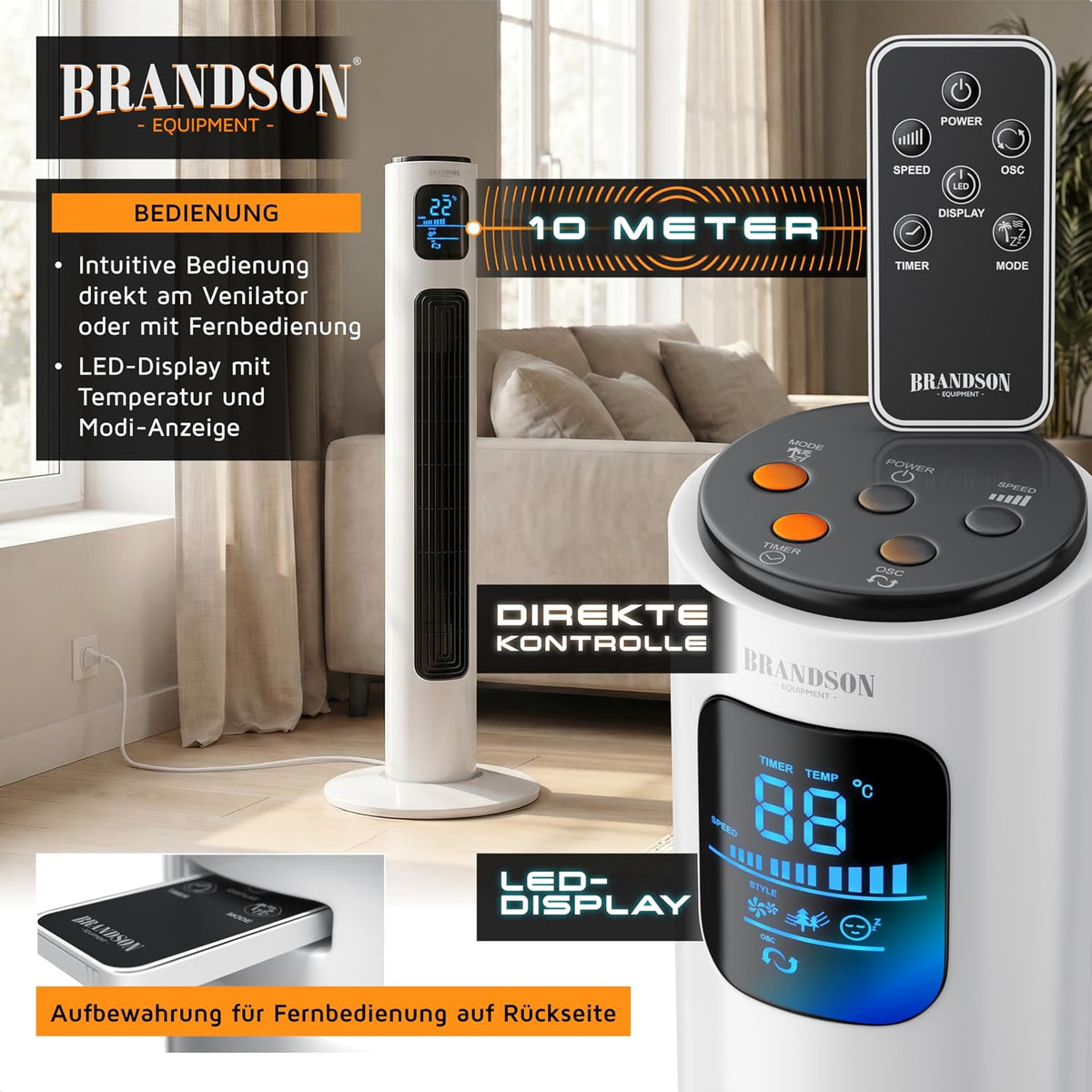 Brandson - Turmventilator mit Fernbedienung 96 cm - Preisträger 2026 - mobiler Lüfter leise - Standventilator mit Oszilation - 3 Geschwindigkeiten 3 Modi - Timer - Ventilator - GS - Perlweiß