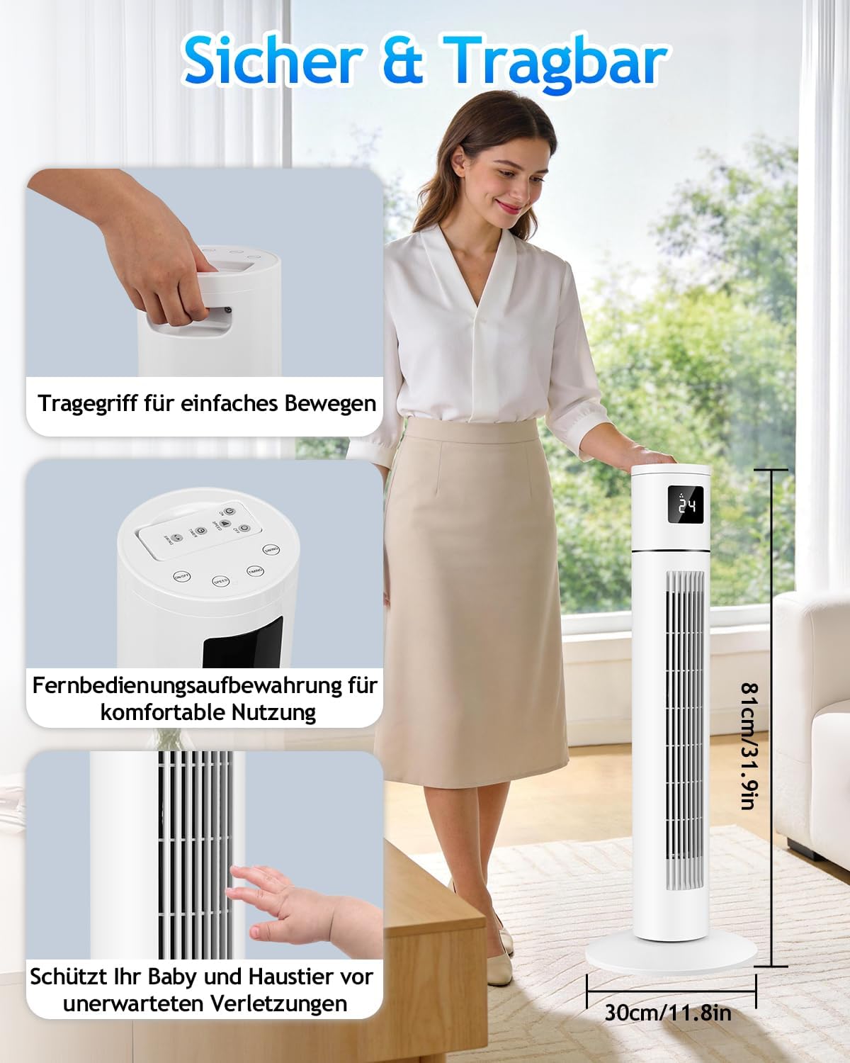 Timiyou Turmventilator 20dB Sehr Leiser für Schlafzimmer & Kühlung mit Fernbedienung | 3 Geschwindigkeitsstufen, 12h Timer, 60° Oszillation, Temperaturanzeige