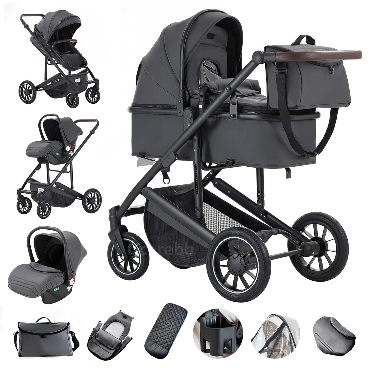 Gcarebb 3 in 1 Kinderwagen, Buggy Mit Auto Babyschale, Mit Höhenverstellbarer Kinderwagen Komplettset, KombiKinderwagen Mit Aluminiumrahmen für Neugeborene 0-4 Jahre
