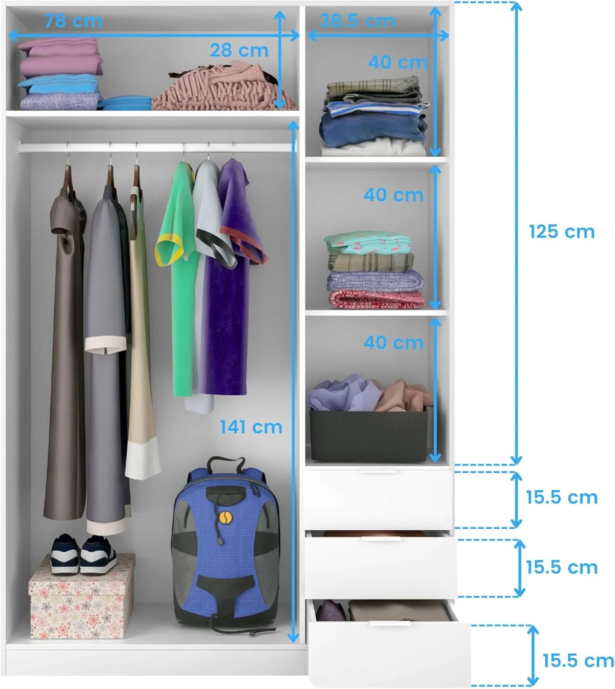 Habitdesign Three Door and Three Drawer Wardrobe Closet, Artic White Finish, Measurements: 121 cm (W) x 180 cm (H) x 52 cm (D)