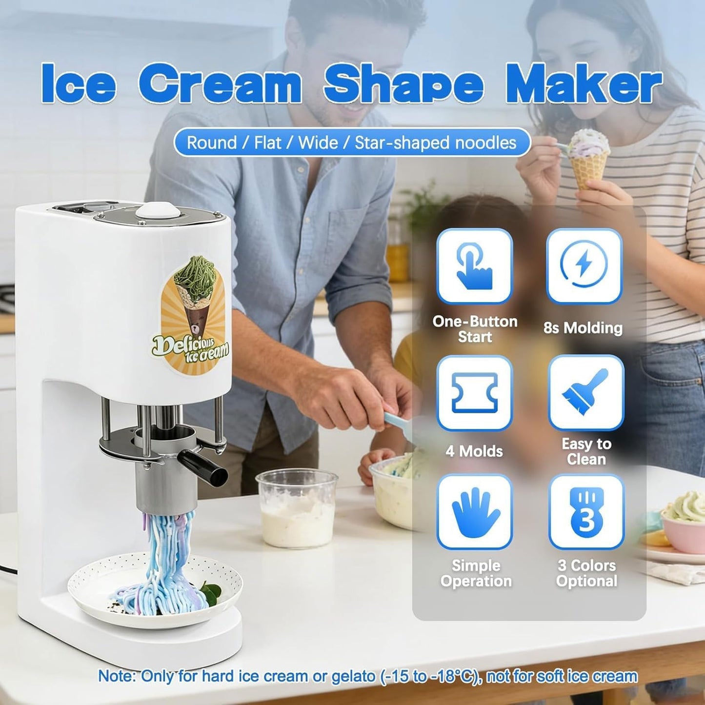 Kommerzielle Spaghetti-Eismaschine, 28–30 l/h, professionelle Gelato-Eis-Nudelmaschine mit 4 verschiedenen Nudelformen, for Catering und Soft-Serve-Läden(Red)