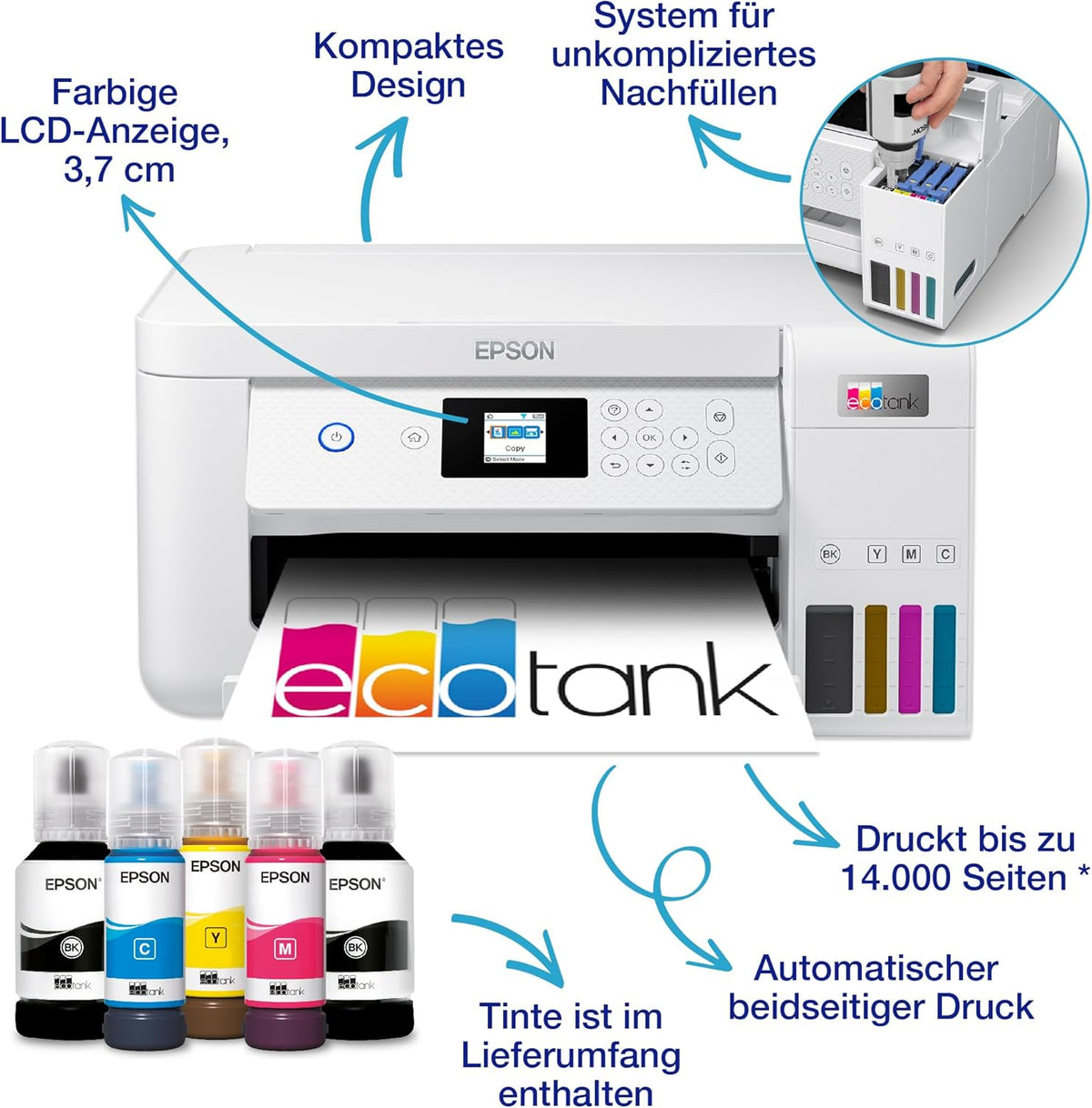 Epson EcoTank ET-2826 A4-Multifunktions-Wi-Fi-Tintentankdrucker, mit einem im Lieferumfang enthaltenen Vorrat an Tinten bis zu 3 Jahren