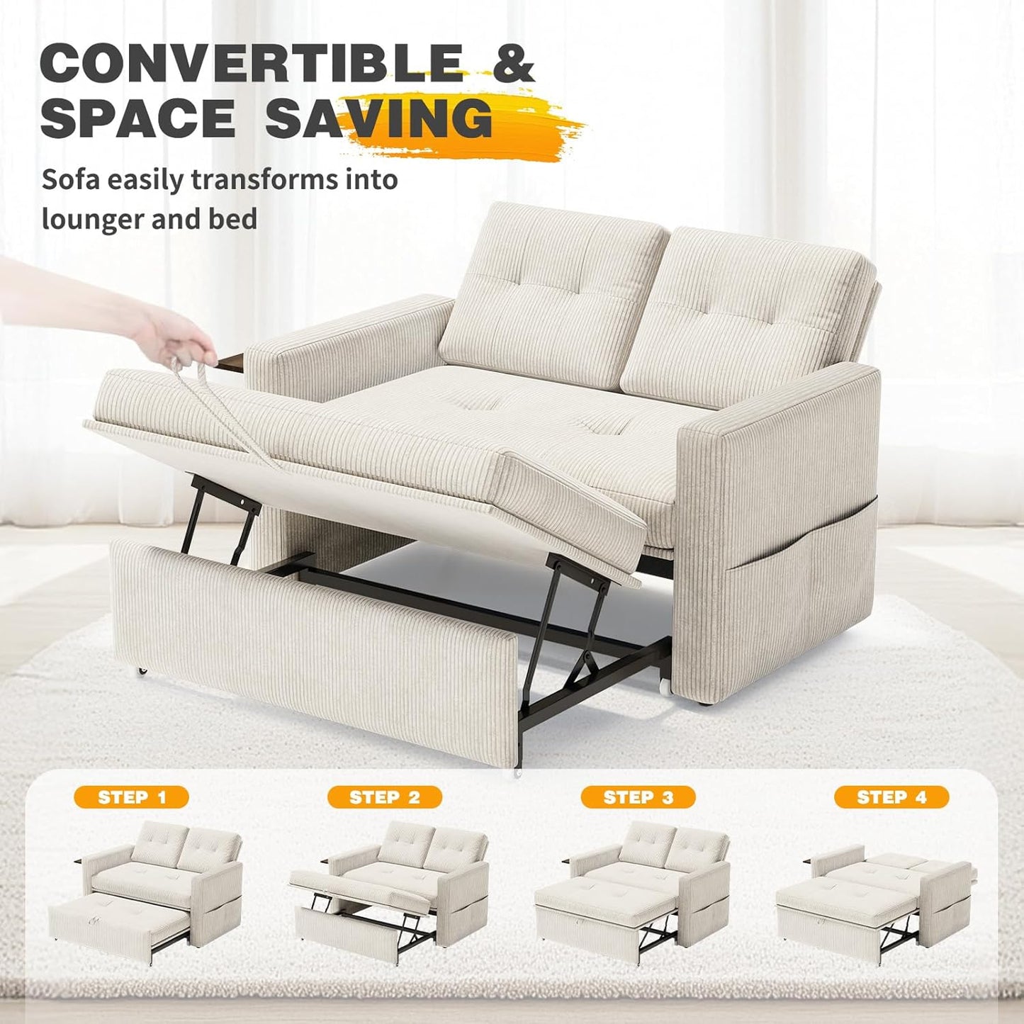 YOUDENOVA Sofá Cama 3 en 1, Sillón Cama multifunción, Sofá reclinable con Respaldo Regulable en 5 Posiciones, Sofá Cama para 2 Personas con Mesa y Bolsillos Laterales, Pana Beige