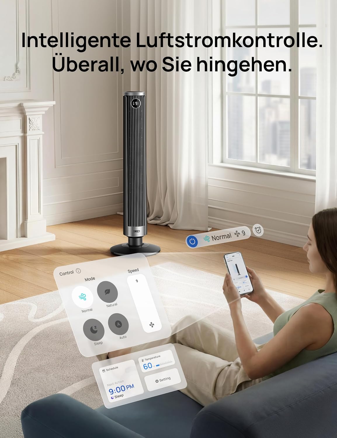 DREO Smart 102–114cm Turmventilator fürs Schlafzimmer, Höhenverstellbar, 8.4m/s, DC-Motor, 9 Stufen, 4 Modi, 90°-Oszillation, Standventilator, 20dB Leise, 12H Timer für Zuhause und Büro, Google/Alexa