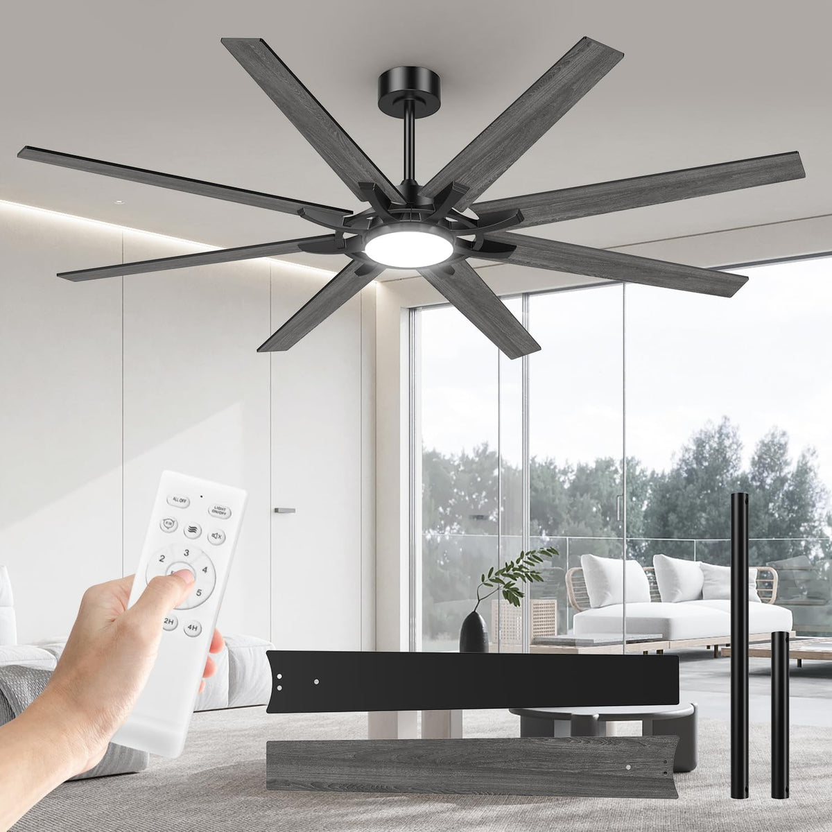 Airwit 183cm Deckenventilator mit Beleuchtung Extra Groß, Verbundholz Outdoor Leise Deckenventilator mit Licht und Fernbedienung, Lampe mit Ventilator für Terrasse, Industrial, Großes Zimmer