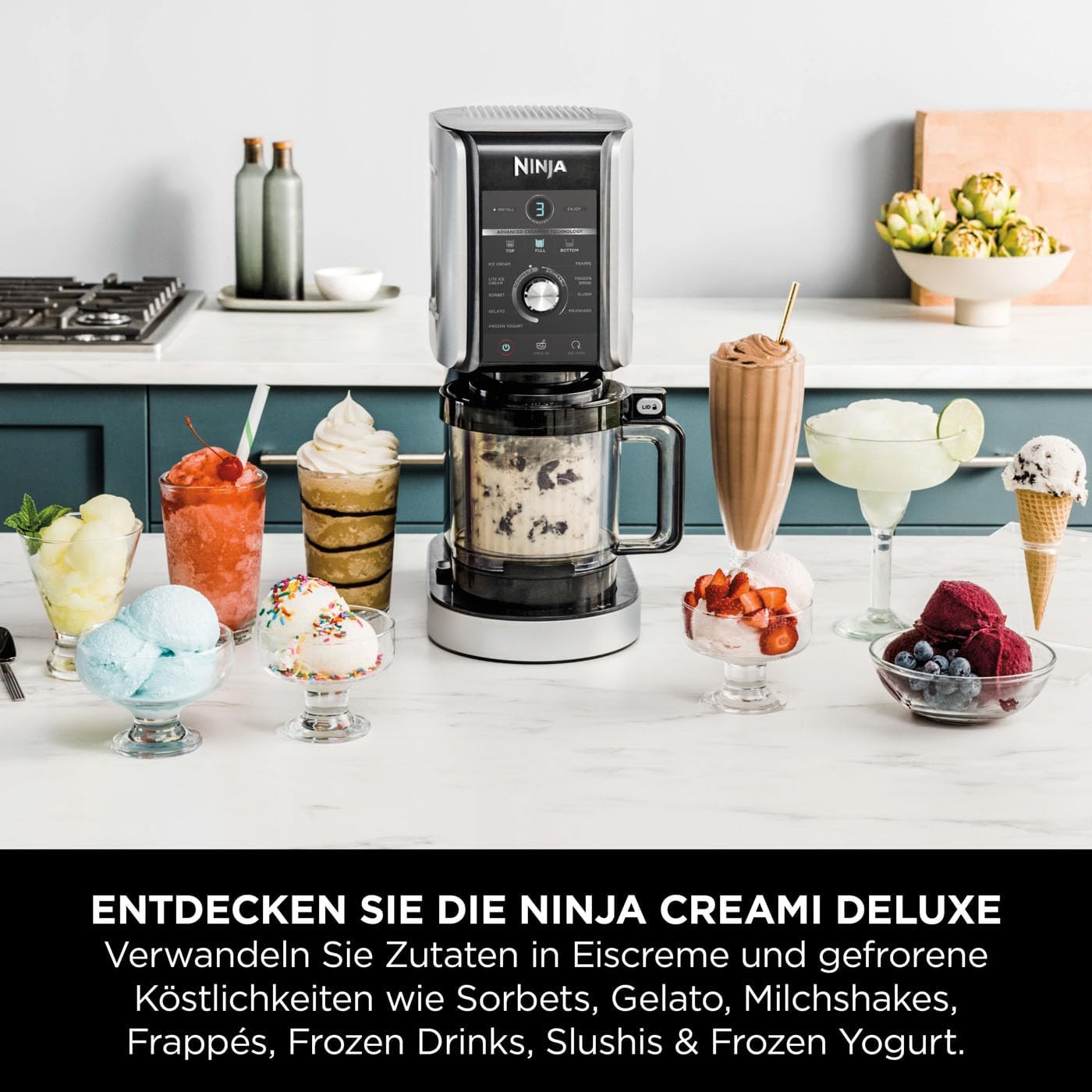 Ninja CREAMi Deluxe Eis-und Eisgetränkmaschine mit 2 Bechern, 10 Funktionen, macht Eiscreme, Gelato, Sorbet, Frozen Yoghurt, Milchshakes, Slushi & mehr, 2-in-1 Geschmacksoption, Silber, NC502EU