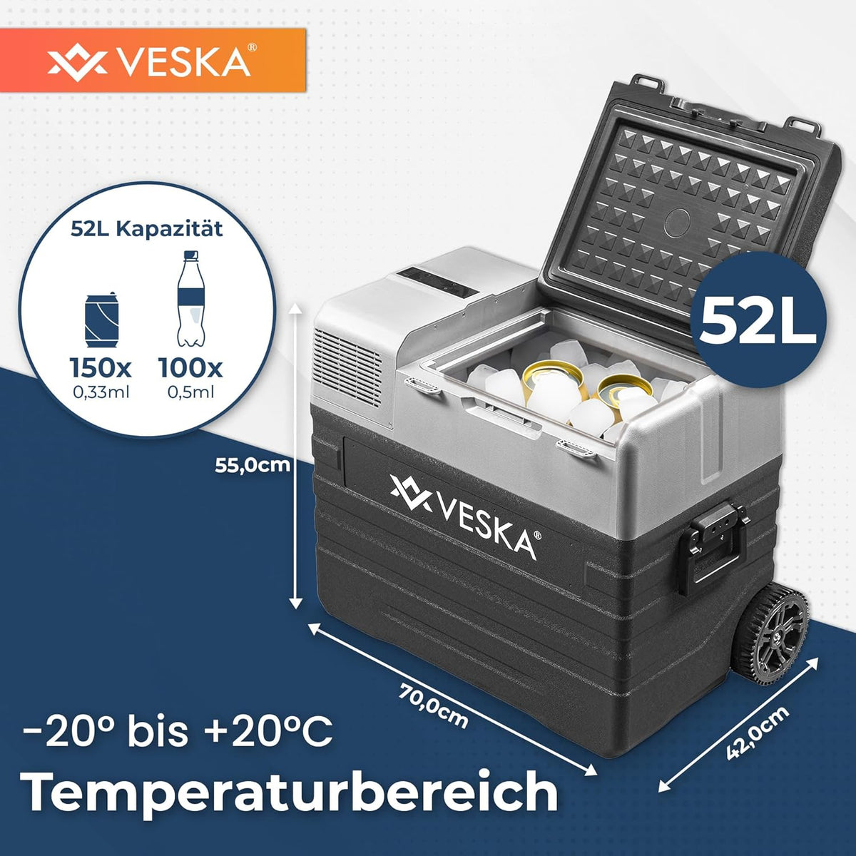 Kompressor Kühlbox elektrisch, Gefriertruhe mit APP-Steuerung, USB-Anschluss, 12/24V, 230V, Räder, transportabler Kühlschrank, Kühltruhe, Gefrierbox bis -20 °C für Auto, LKW, Boot (52L - anthrazit)