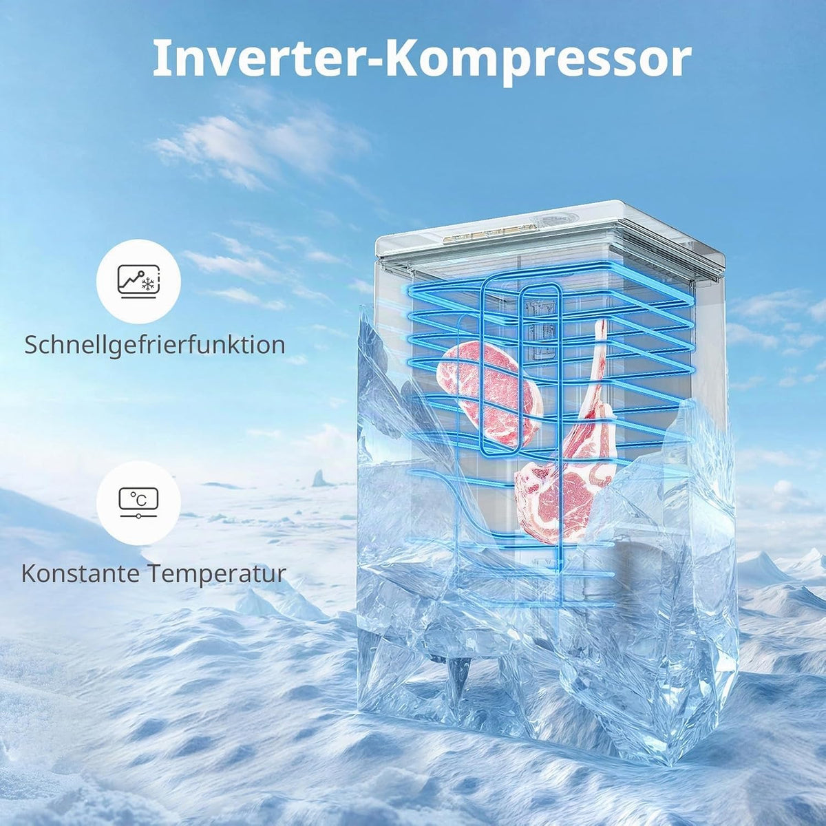 Comfee 198L Gefriertruhe, leise 37 dB, 4-Sterne-Gefrieren, Kühl-/Gefrier-Konvertierung (1–10°C / -24––12°C), 24‑h‑Schnellgefrierung 9kg, Energiesparender Inverter-Kompressor, Aluminium-Innenraum