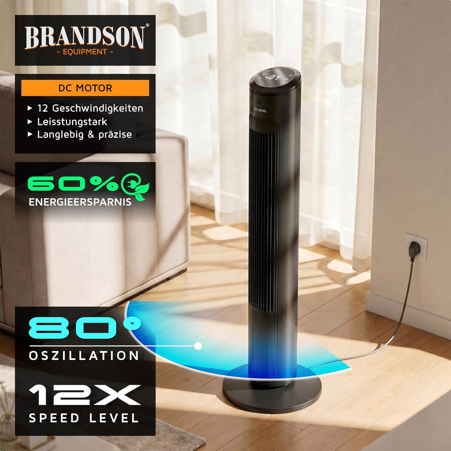 Brandson - Turmventilator – sehr leise - Schlaf Modus – Sieger Ventilatoren und Luftkühler 2026-12 Geschwindigkeitsstufen – Oszillation – mit Fernbedienung - Schwarz