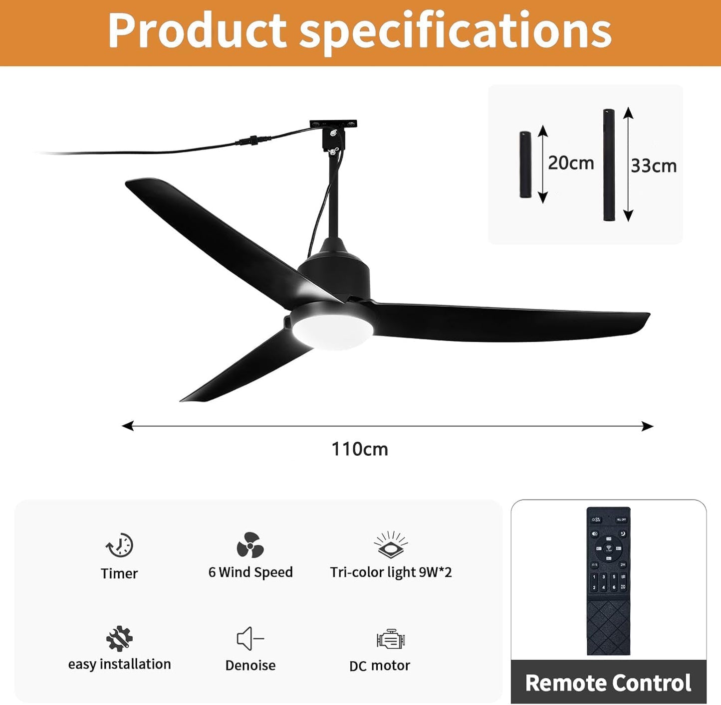 Deckenventilator mit Beleuchtung und Fernbedienung IP65 Wasserdicht Aussen Ventilator Dimmbar Fan Deckenleuchte Moderne Lampe mit Ventilator Leise Ventilatorlicht für Schlafzimmer Balkon Außen