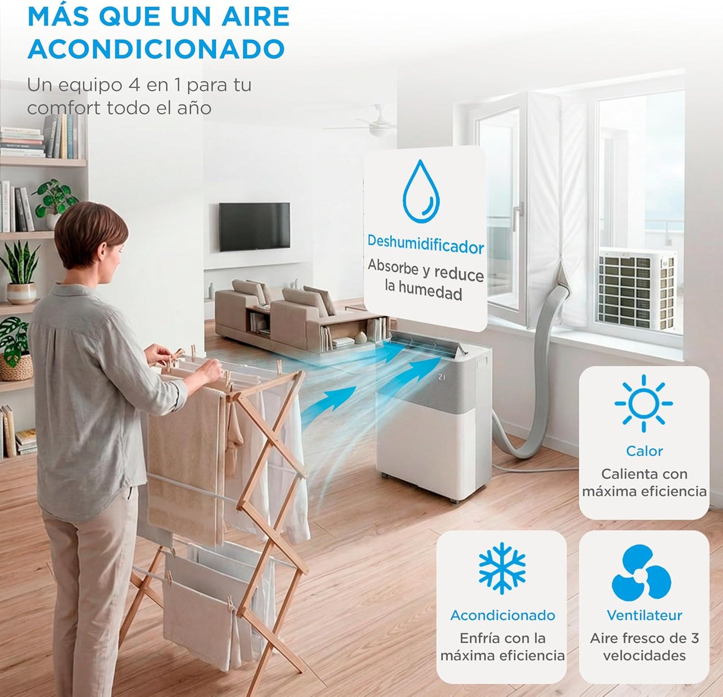Midea Portasplit Aire Acondicionado Portatil 4 en 1 | 3000 frigorías / 12000 BTU | Pinguino Split de Bajo Consumo con modo Silence | Deshumidificador, Calefactor, Ventilador y Climatizador hasta 45 m2