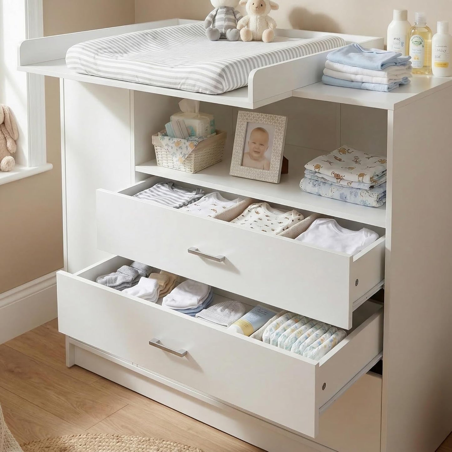 ecomi Cómoda Cambiador para bebé en Madera con Plan de Cambiar, 3 cajones, 1 puerta, Altura 100 cm, Color Blanco, Dimensiones 113x100 cm, tiradores cromados