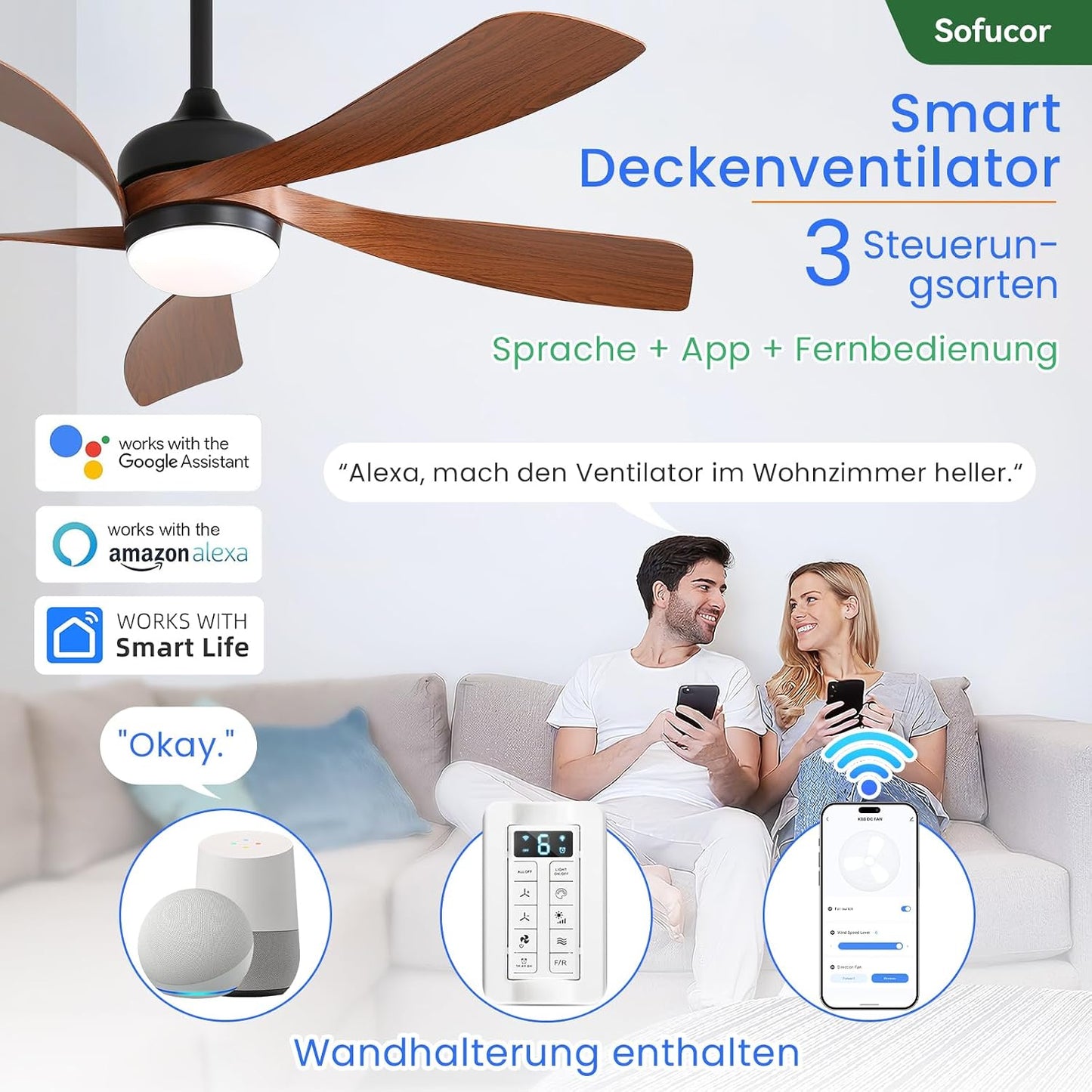 Sofucor Smart Deckenventilator mit Beleuchtung,132cm Deckenventilator mit Licht, Kompatibel mit Alexa/APP, Fernbedienung, 3 Farbtemperatur, Timer, 6 Geschwindigkeiten, Leise DC für Wohnzimmer