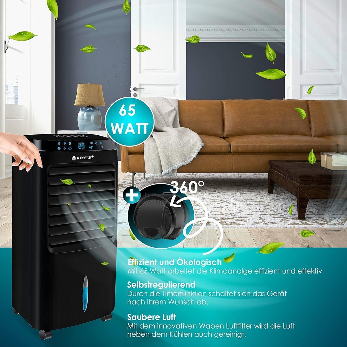 KESSER® Mobile Klimaanlage 4in1 Luftkühler – Air Cooler mit Fernbedienung & Timer, 10L Wassertank, Ionisator & Luftbefeuchter, Ventilator Klimagerät ohne Abluftschlauch, 3 Stufen inkl. Kühlakkus