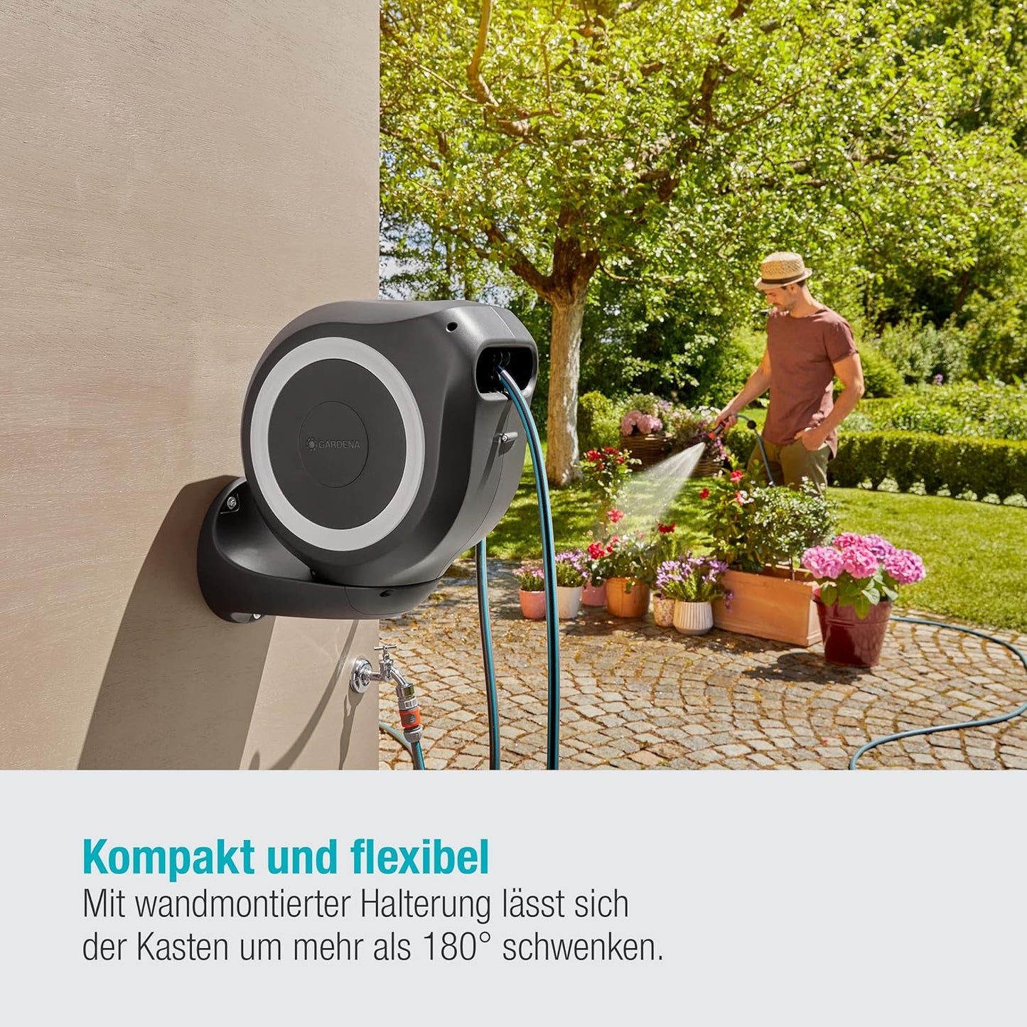 Gardena Wand-Schlauchbox RollUp M 20 m: Flexible Bewässerung für mittelgroße Gärten, schwenkbare Schlauchtrommel, mit Wandhalterung, Systemteilen und Spritze inkl. 20 m Gardena Schlauch (18612-20)