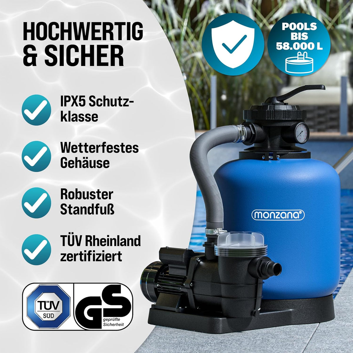 MONZANA® Sandfilteranlage 13.200L/h bis 58.000L Pool Vorfilter 7-Wege-Ventil 600W 30L Tank 2in1 Adapter Ø32-38mm Filteranlage Poolfilter Sandfilter