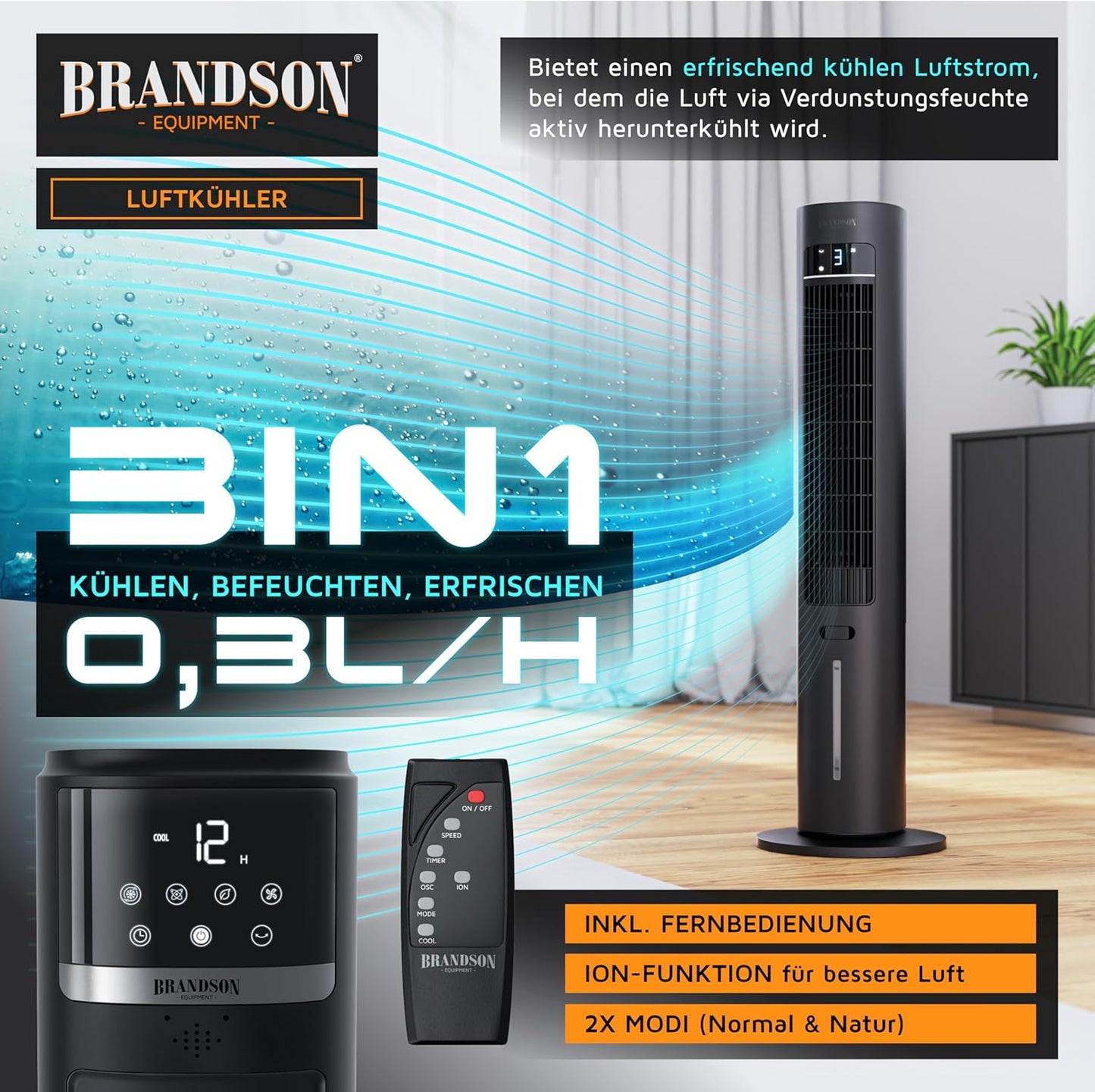 Brandson – mobiler Luftkühler mit Wasserkühlung im ECO Design - DC Motor sehr leise - 60% Energieeinsparung - Sieger Ventilatoren und Luftkühler 2026 - Turmventilator – Oszillation – Ion Funktion