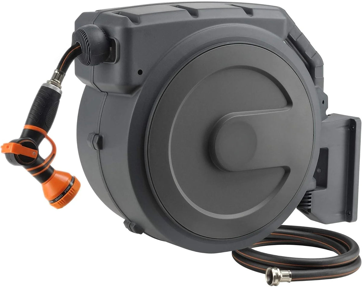 Retractable Garden Hose Reel 1/2 Inch x 130 ft, Super Heavy Duty, Any Length Lock, Slow Return System, Wall Mounted and 180 Deg Swivel Bracket