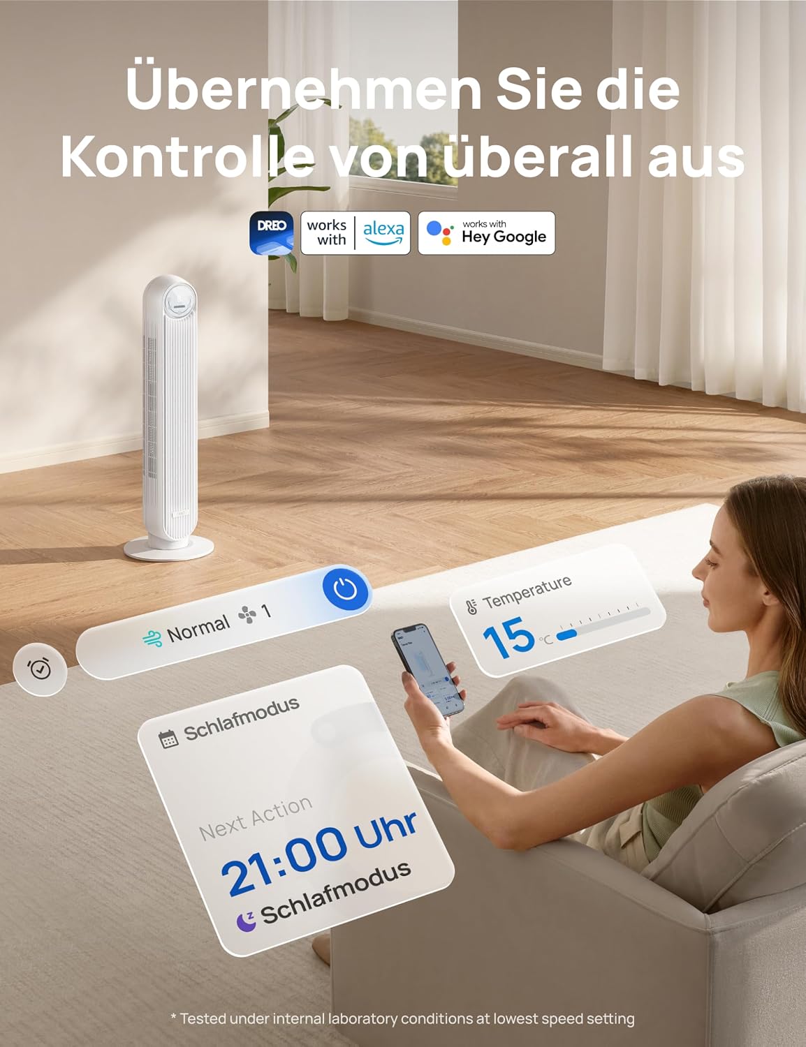 Dreo Smart 20dB Leiser Turmventilator, 10 m Wurfweite 4 Geschwindigstufen 4 Modi 8 Std. Timer 90° oszillierende Ventilator mit Kühlung WLAN & Fernbedienung für Schlafzimmer, Nomad OneS, Weiß