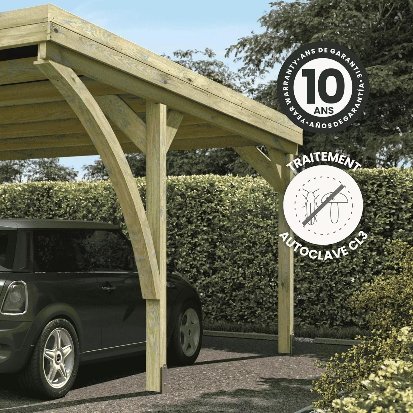 Forest Style - Cochera Doble Victor Modern 30,9 m² (6,02 x 5,11 x 2,52 m) – Madera de Pino Tratada – Techo de Policarbonato – Aparcamiento Cubierto para 2 Coches – Estructura Robusta y Duradera