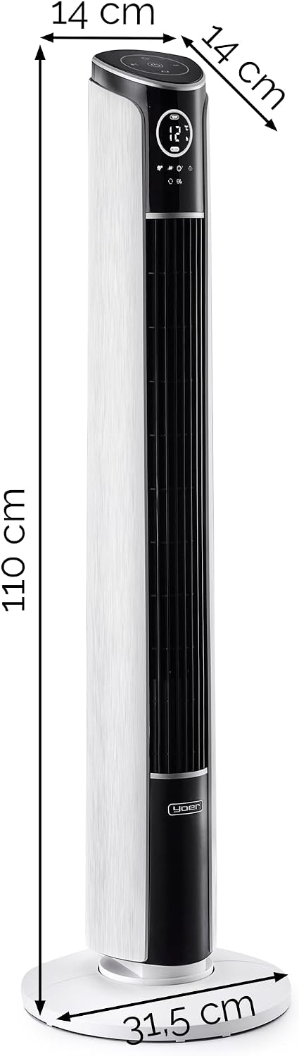Yoer 29dB Leiser Turmventilator, Ionisator, 10 m Reichweite, Neigungswinkeleinstellung, 12 Geschwindigstufen, 4 Modi, 12 Std. Timer, 90° Oszillation, Fernbedienung, Verto TF01W, weiß
