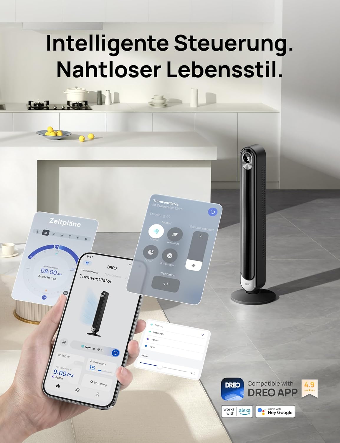 Dreo Smart 20dB DC Motor Turmventilator Leiser, 11M Windentfernung Ventilator mit Fernbedienung,9 Stufen 4 Modi, 90° Oszillierender Standventilator mit Sprachteuerung für Schlafzimmer, 12H Timer