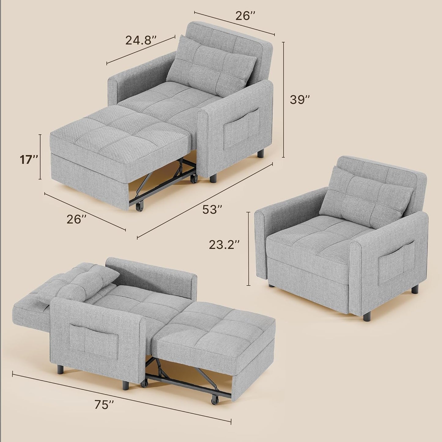 Gizoon Sofá cama 3 en 1 convertible, silla cama individual extraíble con respaldo ajustable, espaciosos sofás multifuncionales para sala de estar, dormitorio, apartamento