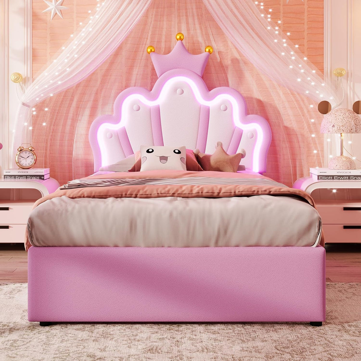 Kinderbett Polsterbett 90x200, Kronenförmiges Prinzessinnenbett, Einzelbett mit LED und 2 Schubladen, Bettgestell für Mädchen, mit Verstellbares Kopfteil, PU-Leder, Rosa, ohne Matratze