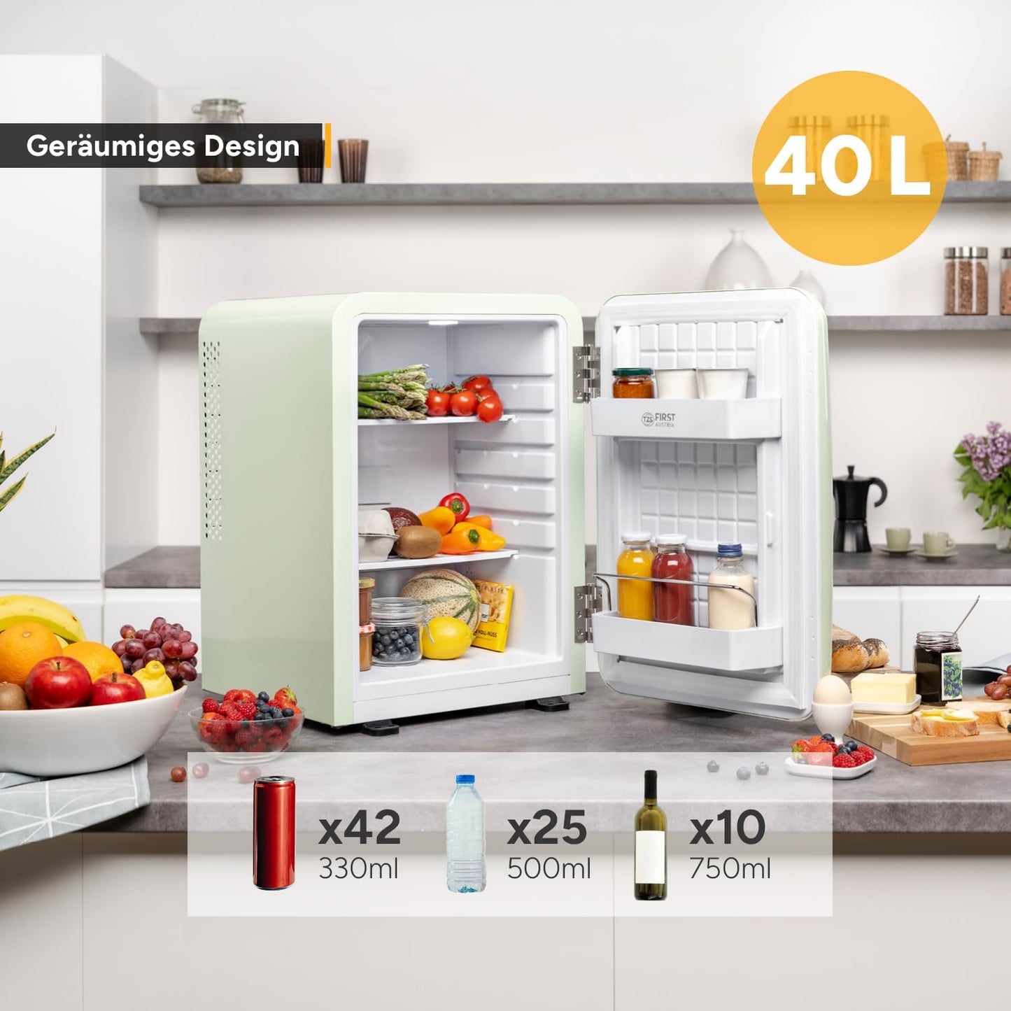 TZS First Austria - Retro Mini Kühlschrank 40L - Lautlos - Vintage Minibar für Schlafzimmer & Büro - mint