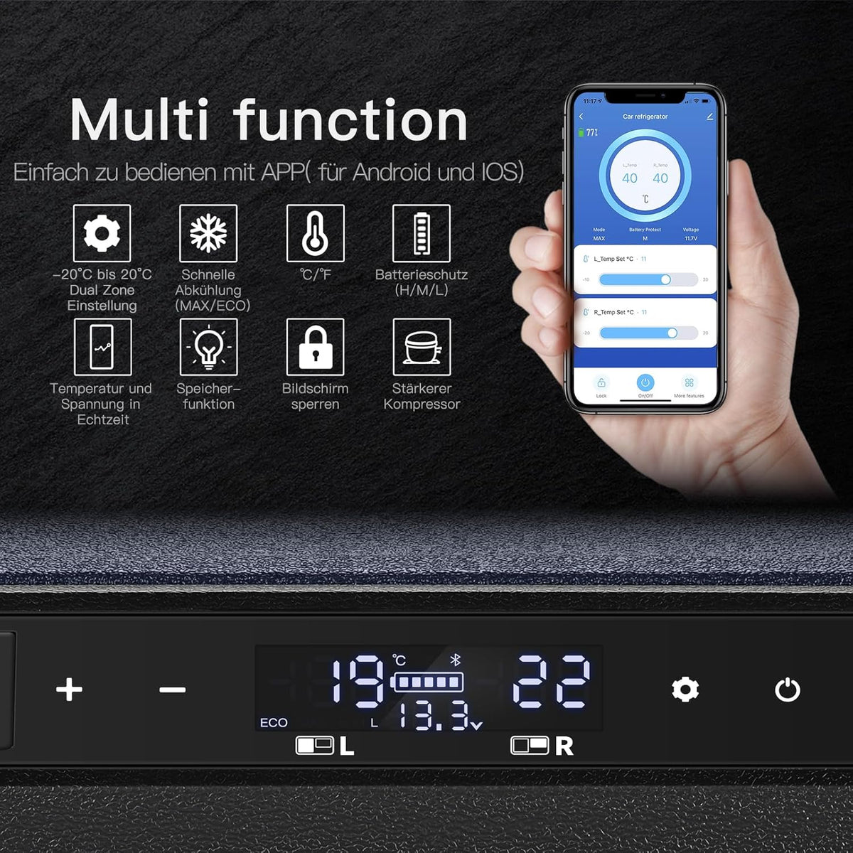 AAOBOSI 72L Kompressor Kühlbox, Dual Zone, Camping Kühlschrank mit APP, -20°C bis 20°C, USB-Handy-Ladung, LED-Beleuchtung, 12/24V und 100-240V, Geeignet für Autos, Lastwagen, Boote, Camping und Reisen