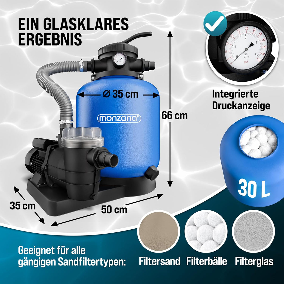 MONZANA® Sandfilteranlage 13.200L/h bis 58.000L Pool Vorfilter 7-Wege-Ventil 600W 30L Tank 2in1 Adapter Ø32-38mm Filteranlage Poolfilter Sandfilter