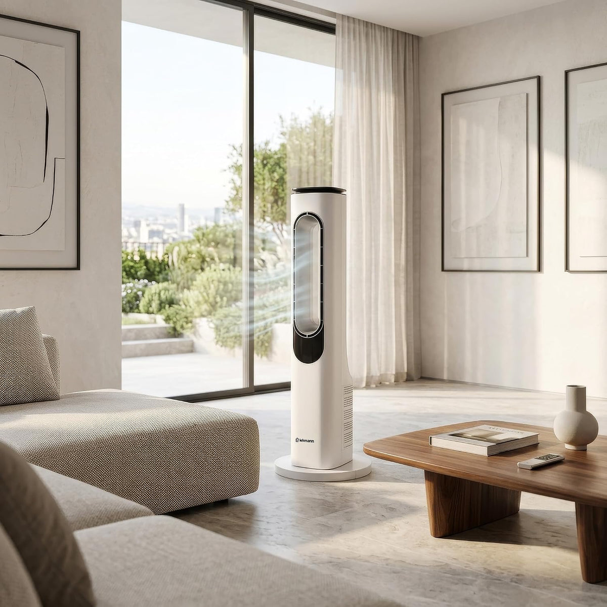 LEHMANN Turmventilator mit Fernbedienung & LED-Display, leiser Ventilator mit Schlafmodus, 15 h Timer, 3 Lichtfarben, 3 Modi, 3 Geschwindigkeiten, oszillierender Standventilator ohne Rotorblätter