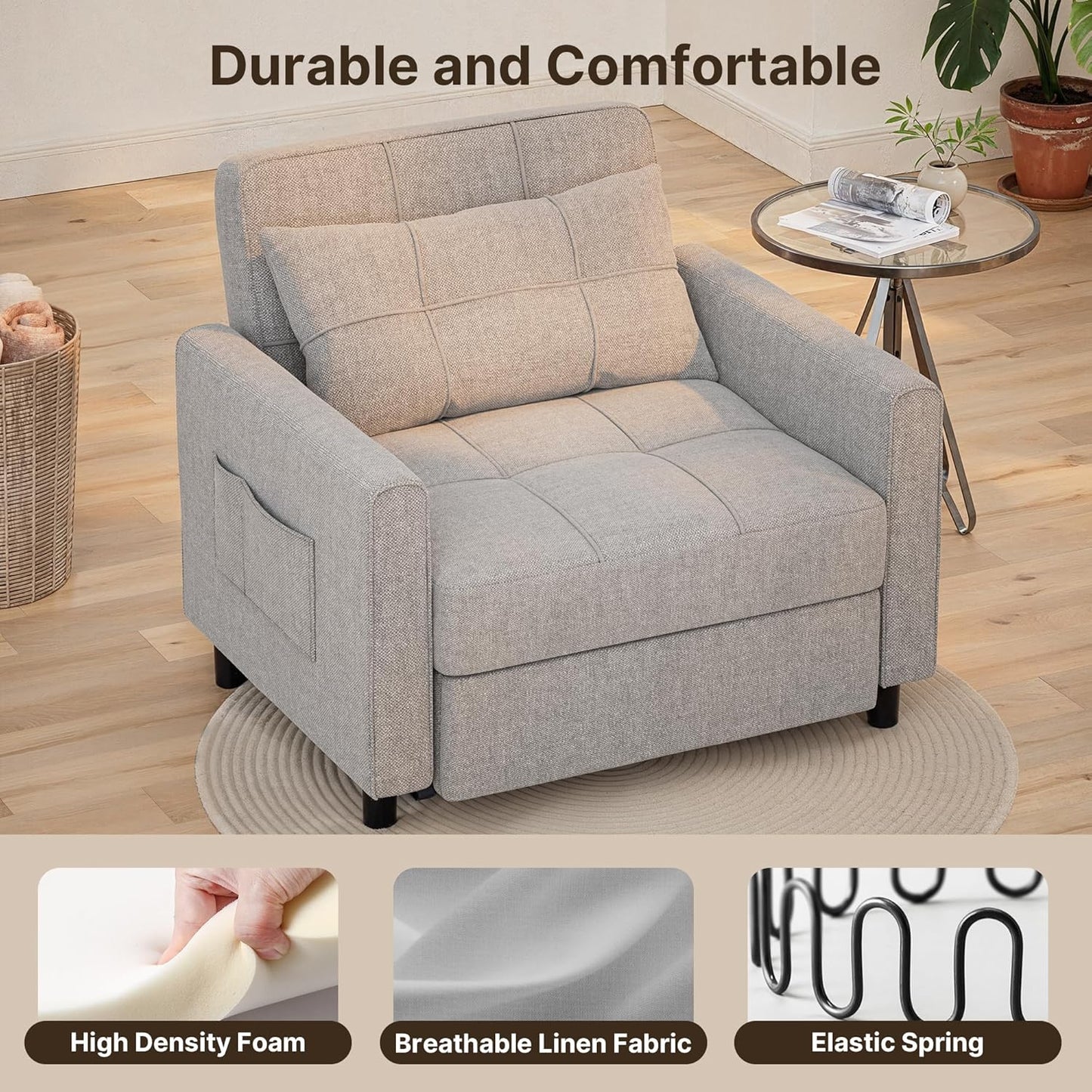 Gizoon Sofá cama 3 en 1 convertible, silla cama individual extraíble con respaldo ajustable, espaciosos sofás multifuncionales para sala de estar, dormitorio, apartamento